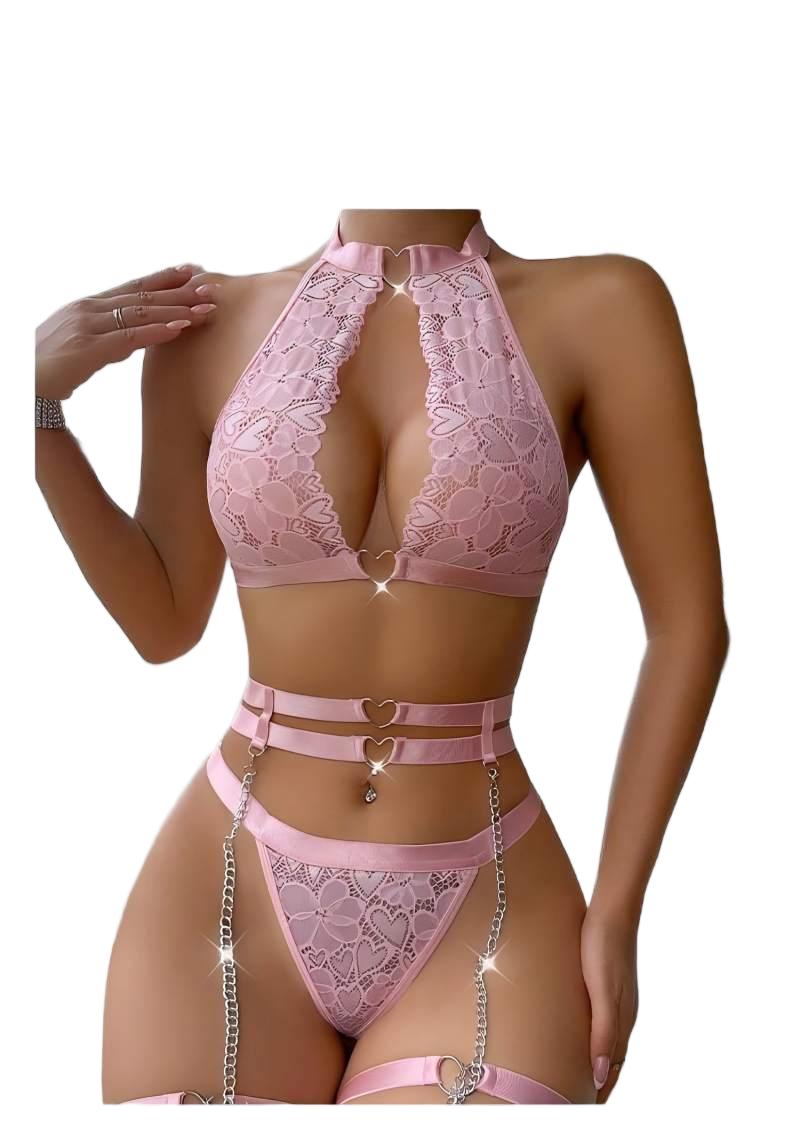 Lace Bralette Set - セクシーなランジェリーセット、プッシュアップレースガーターランジェリーセット（チョーカー付き）、女性用インナーウェア、アンダーワイヤーブラとTバック、レディース下着セット