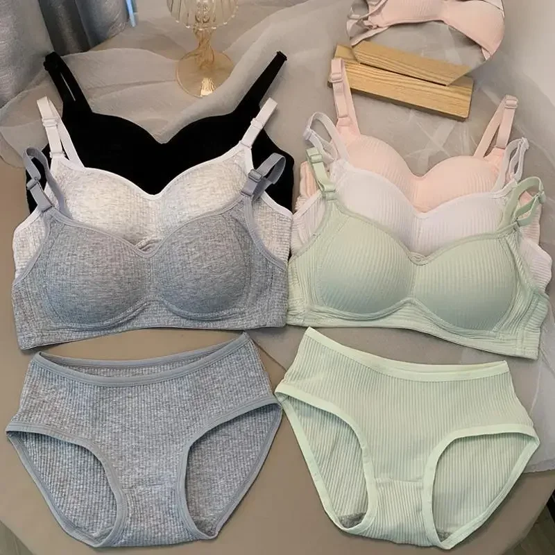 Cotton Bra Everyday - 女性のシームレスなブラセット,ワイヤーブラのないランジェリー2枚,無地,綿の下着セット