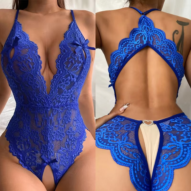Sheer Bra Lace - 女性用クロッチレスランジェリーセット,オープンブラ,透明ボディスーツ,セクシーなレースの下着,ブルー,1ピース