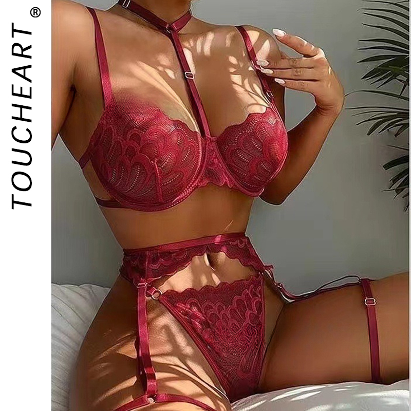 Sheer Bra Lace - Toucheart セクシーな興味深い下着女性のためのホルターブラジャーガーターベルトガードルスーツ無地メッシュシースルーセクシーなランジェリーセット