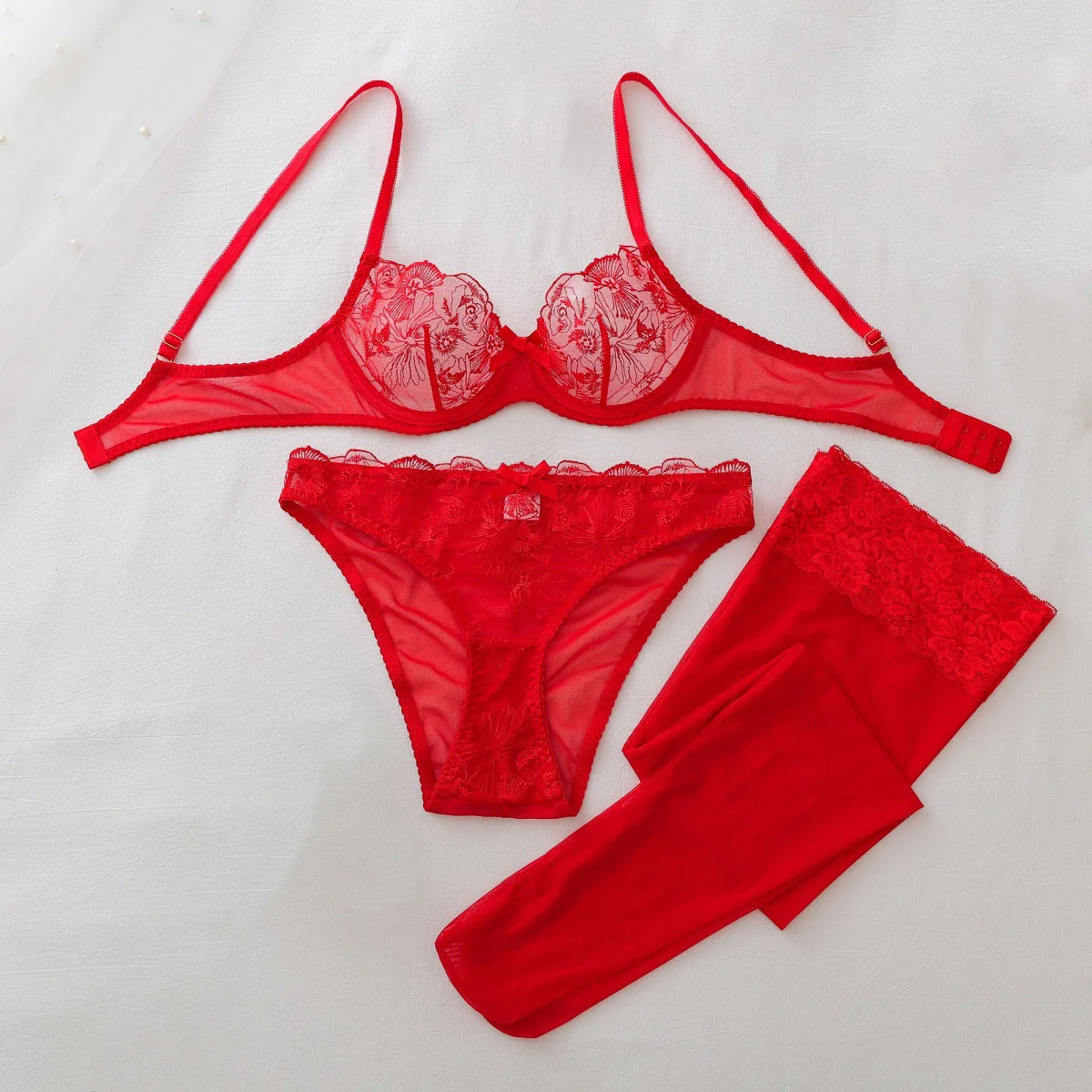 Sheer Mesh Bra - シースルーメッシュエロティックセット レディース レッドローズレースブラジャー パンティー シアーニーハイストッキング ロマンチック透明ランジェリーセット