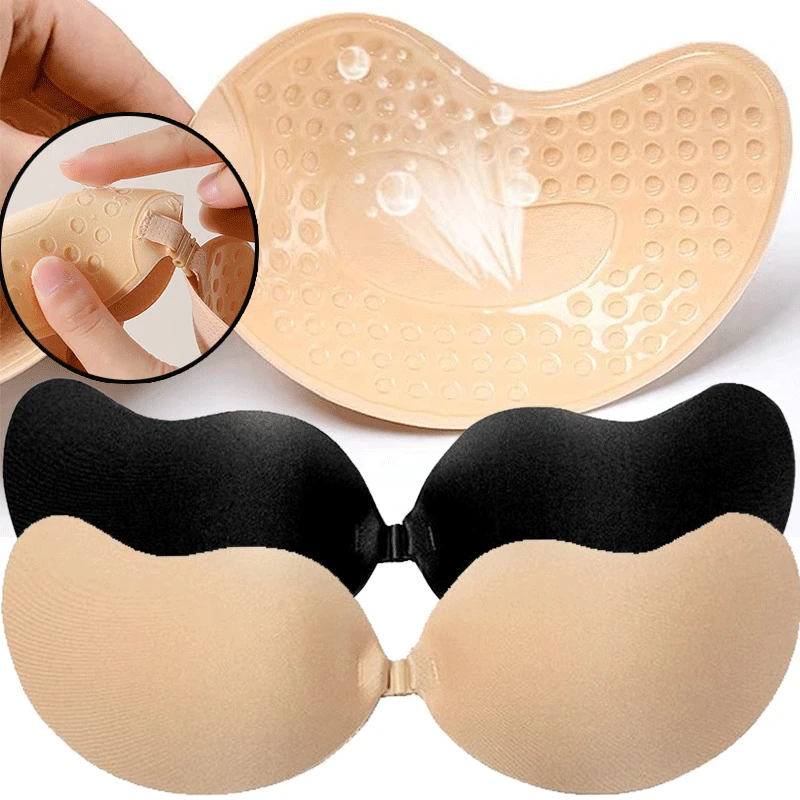 Push Up Bra Silicone - 再利用可能な粘着式ニップルカバー A～Dカップ、シリコンパッド入りプッシュアップストラップレスブラ、ウェディングドレス用粘着式ランジェリー