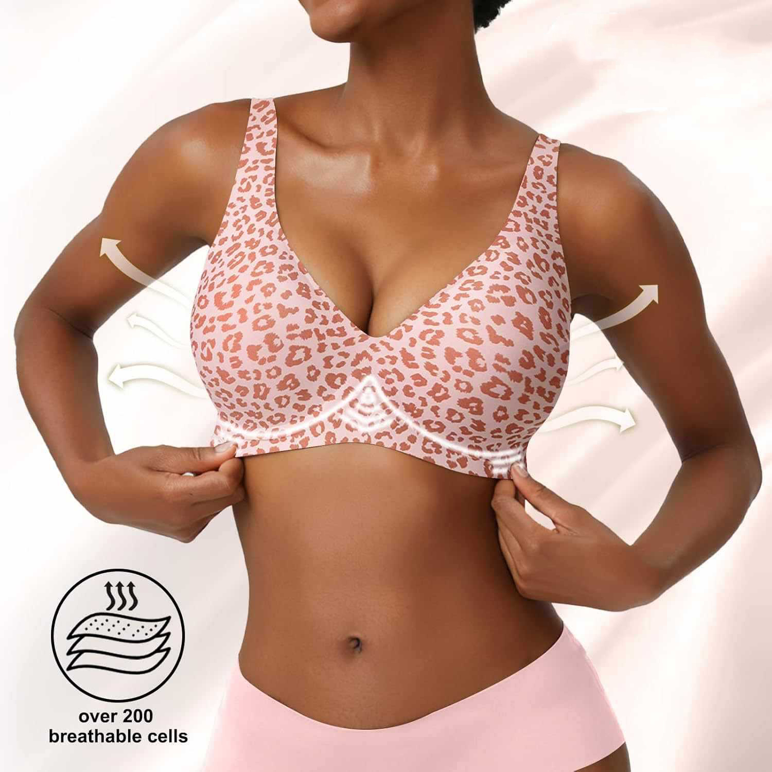 レディースシームレスピンクレオパード柄ブラ、ワイヤーなしフル - Plunge Bra Push Up のレビューと価格