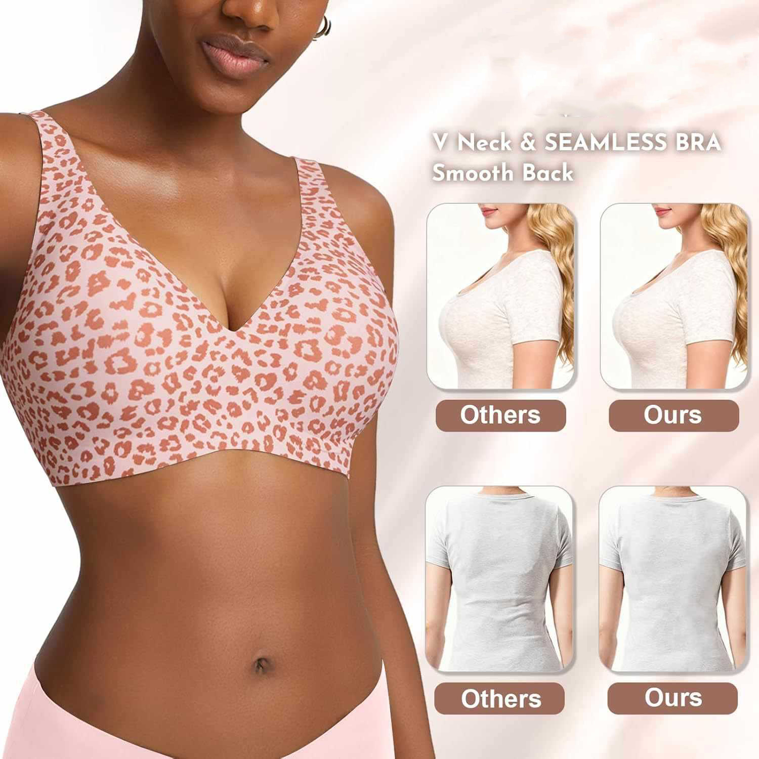 レディースシームレスピンクレオパード柄ブラ、ワイヤーなしフル - Plunge Bra Push Up のレビューと価格