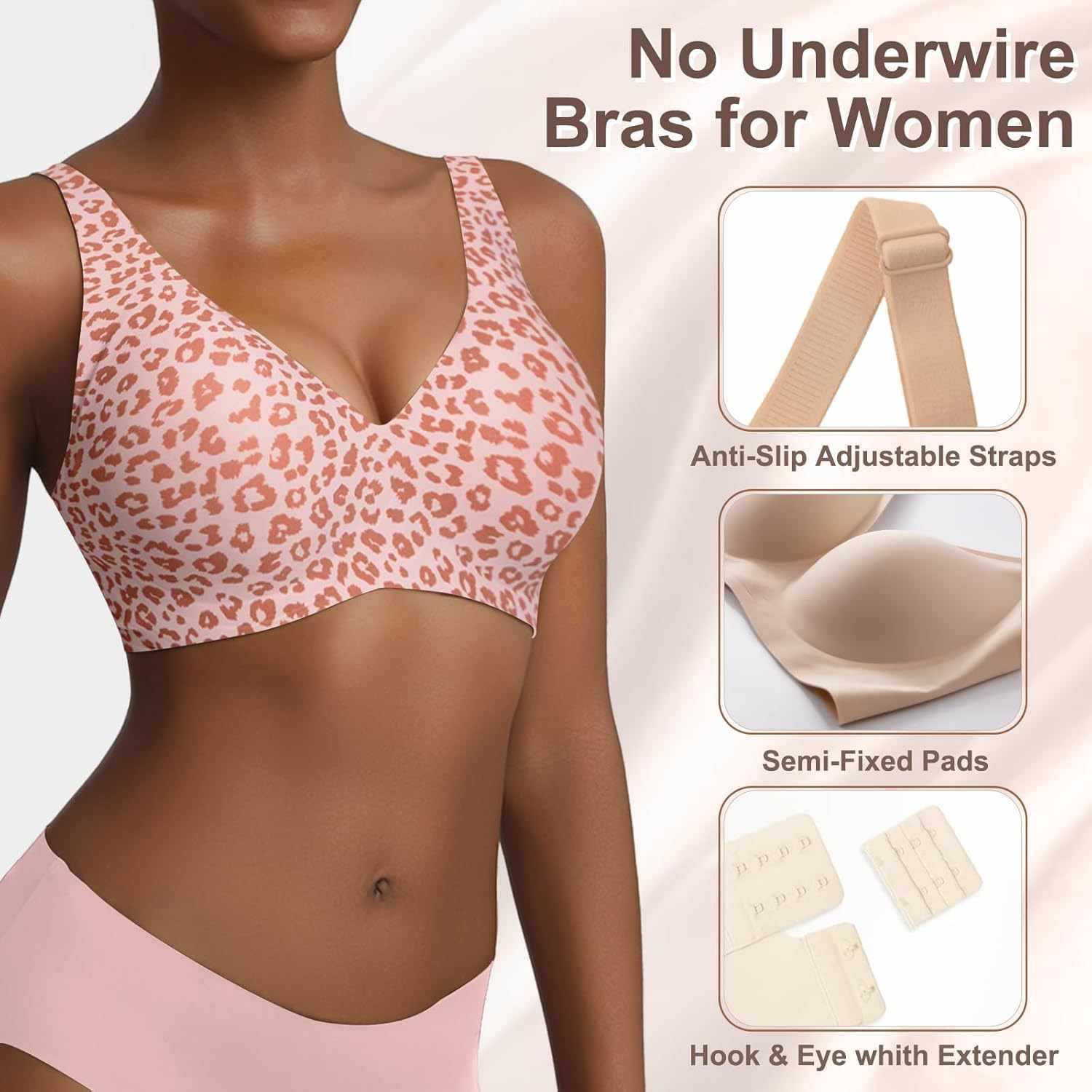 レディースシームレスピンクレオパード柄ブラ、ワイヤーなしフル - Plunge Bra Push Up のレビューと価格