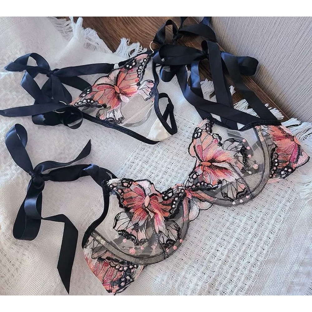 控えめなロマンチックなレースの蝶刺繍ブラ、シアーメッシュキャ - Sheer Mesh Bra のレビューと価格