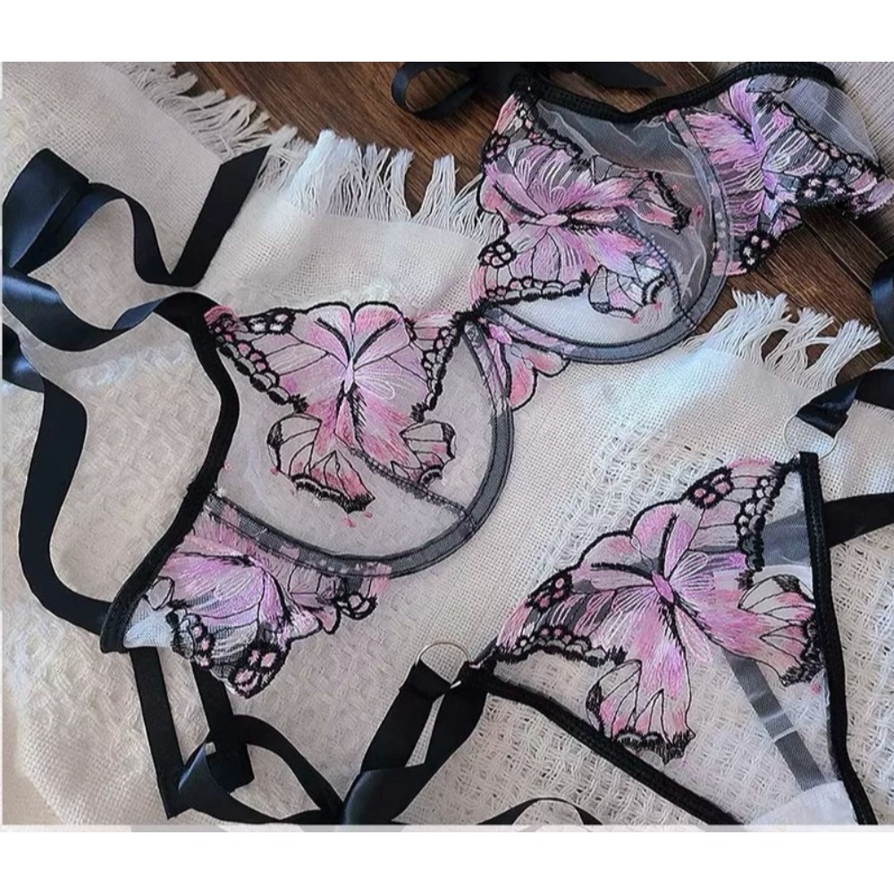 控えめなロマンチックなレースの蝶刺繍ブラ、シアーメッシュキャ - Sheer Mesh Bra のレビューと価格