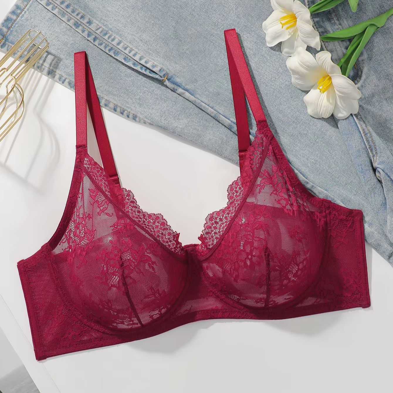女性用プラスサイズ赤いレースシアーブラ、アンダーワイヤー入り - Sheer Bra Lace のレビューと価格