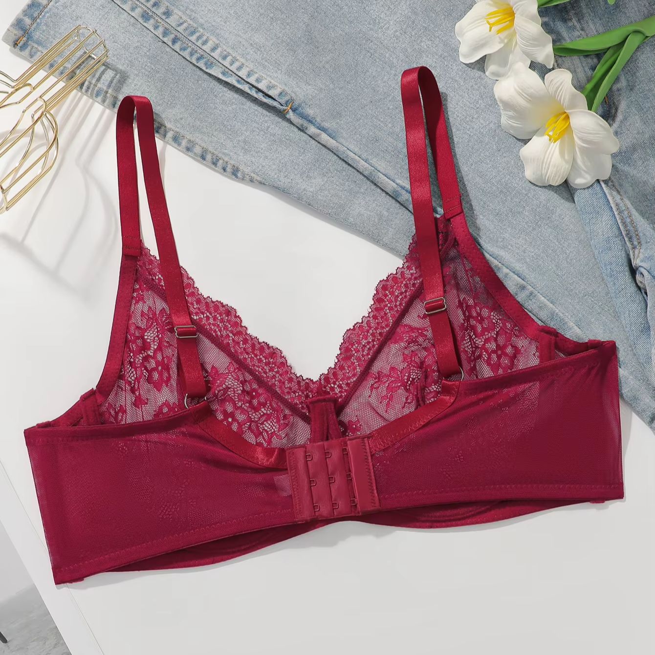 女性用プラスサイズ赤いレースシアーブラ、アンダーワイヤー入り - Sheer Bra Lace のレビューと価格